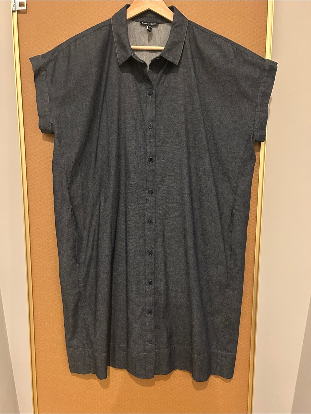 Eileen Fisher Dark Blue Denim-Textured Casual Button-Down Shirt